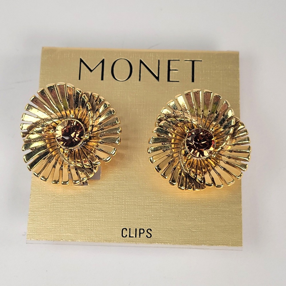 Vintage Monet Gold Tone Spiral Sunburst Clip On Earrings Cognac Rhinestone NOS